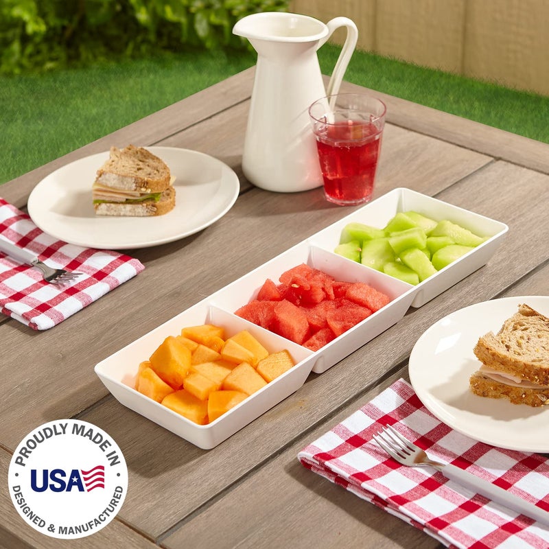 US Acrylic Avant White Plastic Divided Serving Trays (Set of 4) 15â€ x 5â€ | Narrow Reusable 3-Section Party Platters | Serve Appetizers, Fruit, Veggies, & Desserts | BPA-Free & Made in USA - Image 2